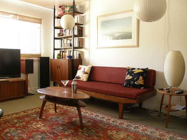 George and Jane coffee table and Mid-Century sleeper sofa at home.