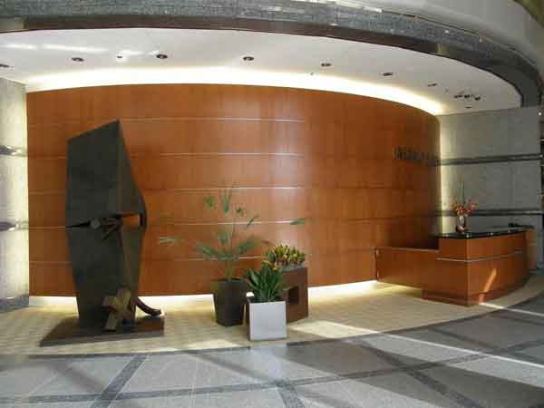 Cherry wall and security desk, Regency Plaza lobby, Denver Tech Center.