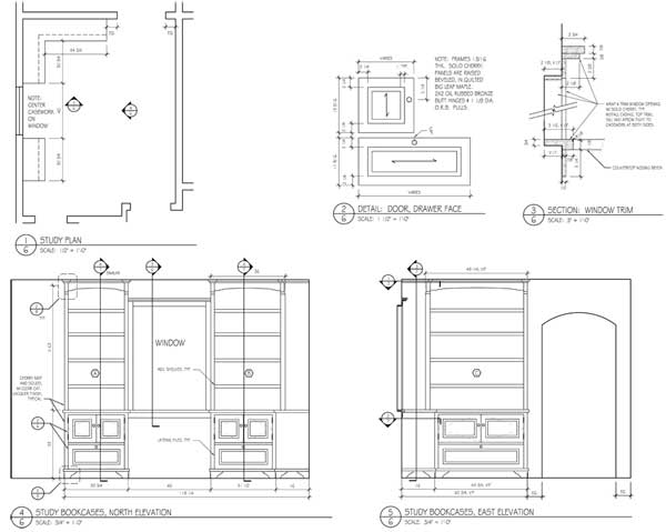 Shop drawings for study bookcases.